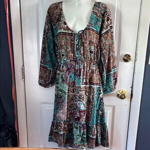 EARTHBOUND Blue Brown Casual Sundress Scoop Neck